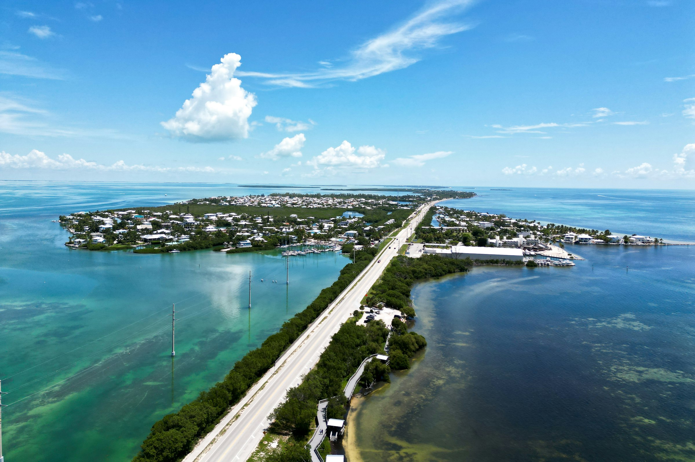 Aerial view of a Florida Keys island and the highway that crosses it