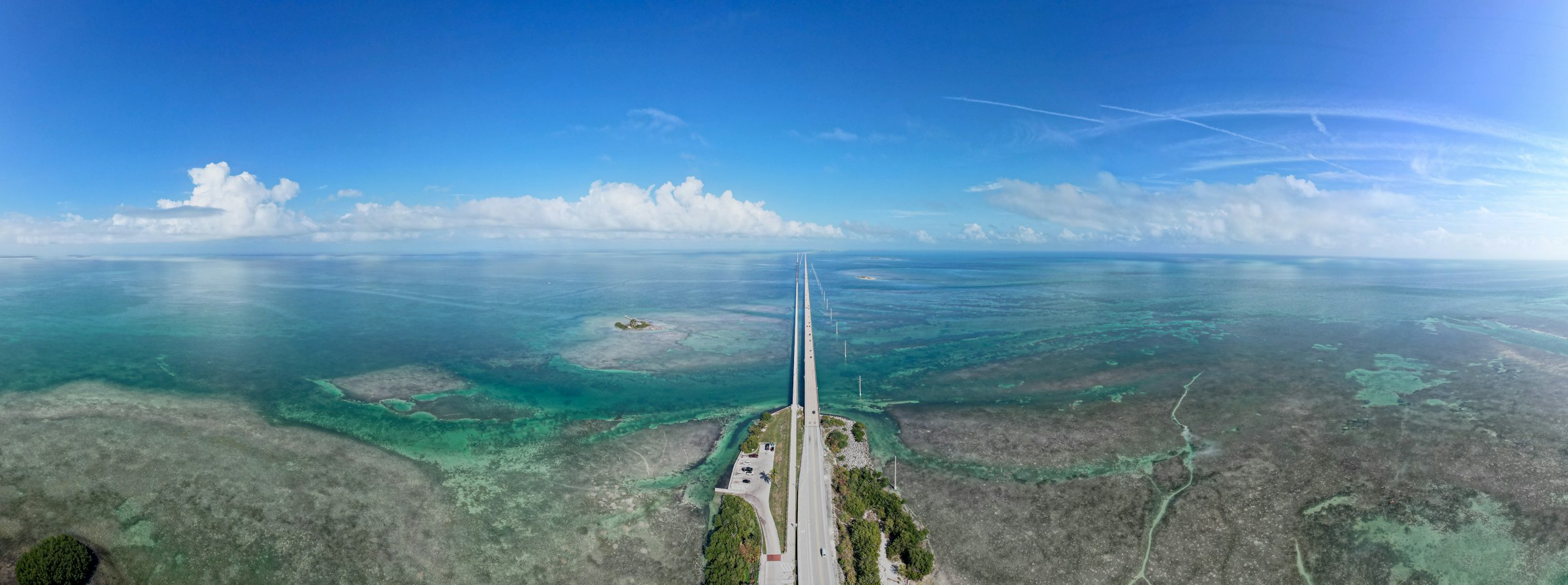 Aerial view of the Overseas Highway crossing turquoise water in the Florida Keys