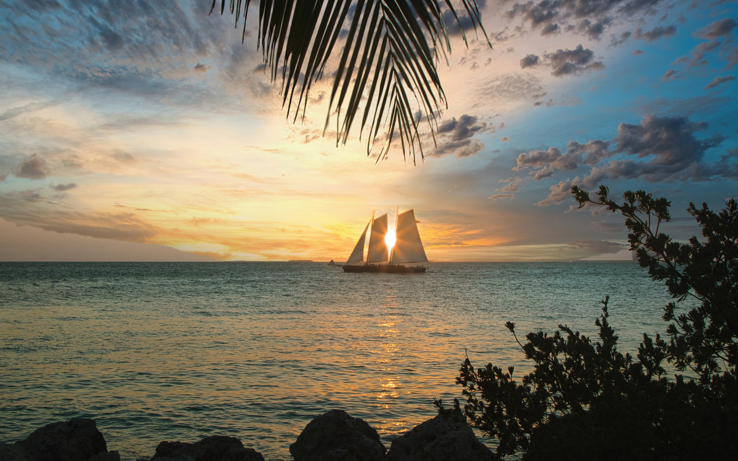 Sunset over the water framed by palm fronds, with a schooner on the horizon