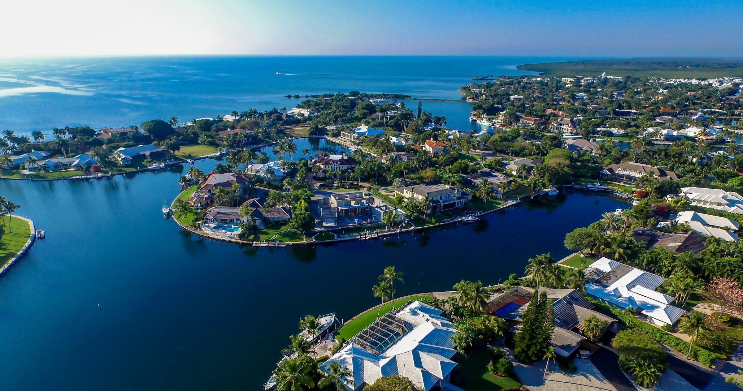 Aerial view of waterfront homes and canals in the Florida Keys