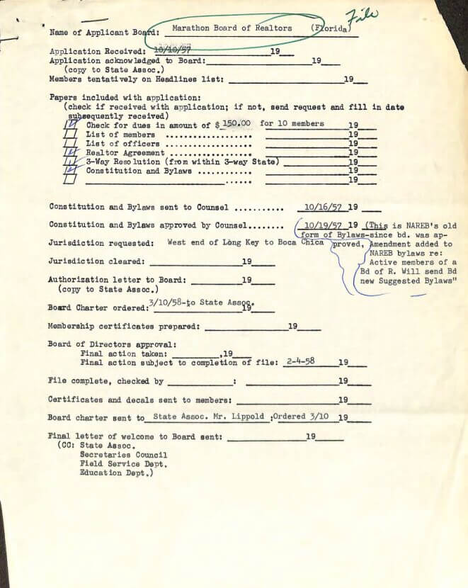 Marathon Board of Realtors application to charter, October 10, 1957